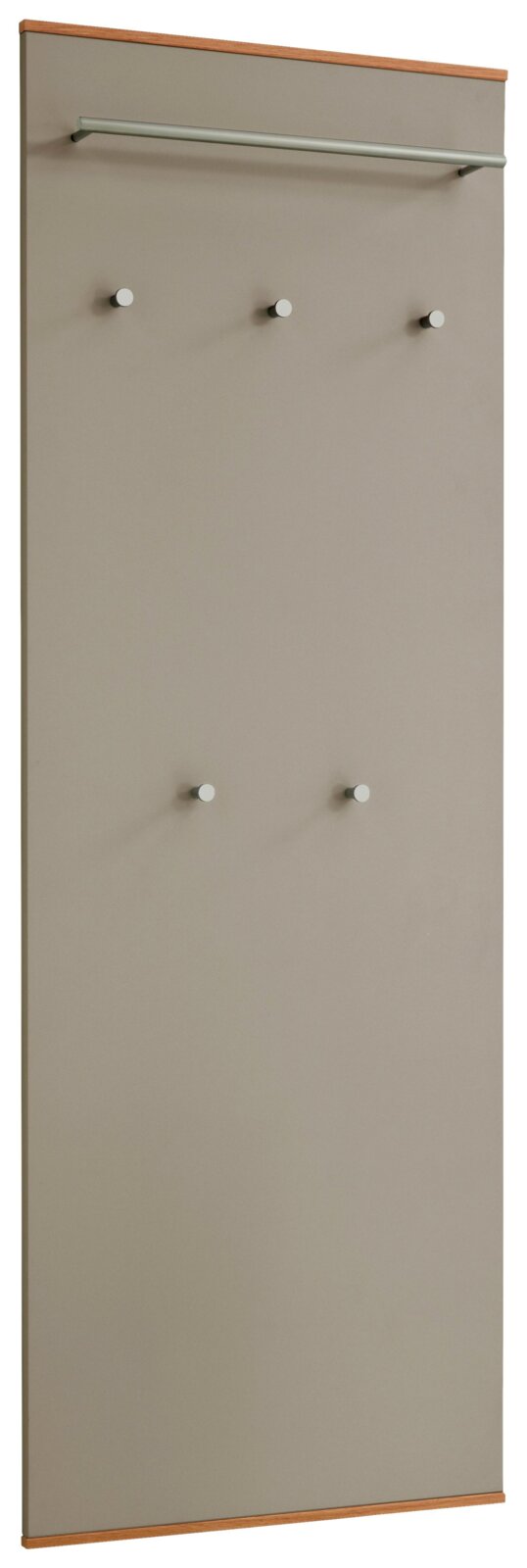 Moderne wandkapstokpaneel in taupe/grijs met metalen kledingroede en vijf ronde haken, met houten afwerking aan boven- en onderzijde, gefotografeerd in schuin vooraanzicht.