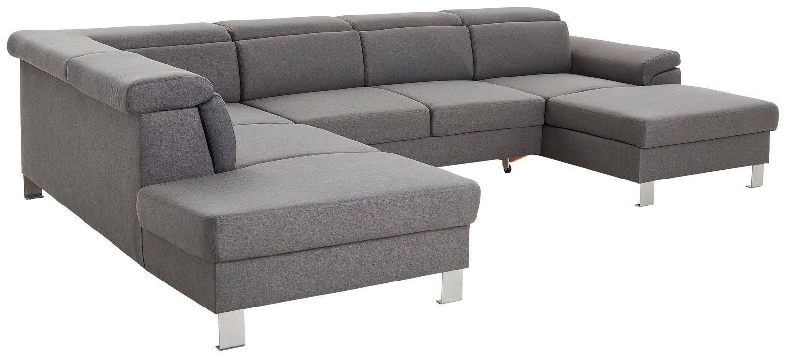 Graues Ecksofa in U-Form mit Metallfüßen, Perspektive von vorne links