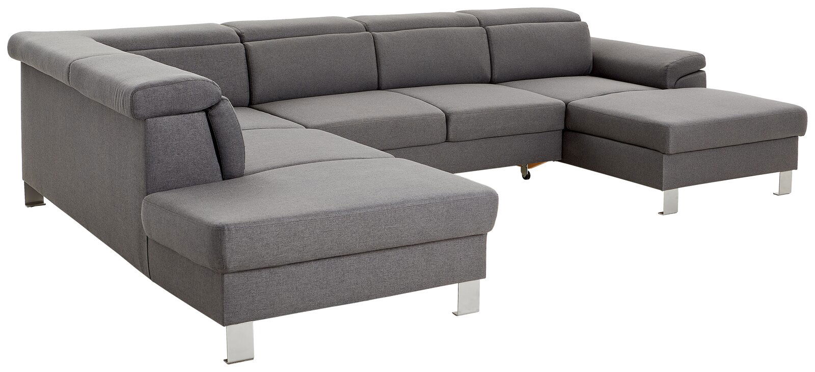 Graues Ecksofa in U-Form mit Metallfüßen, Perspektive von vorne links