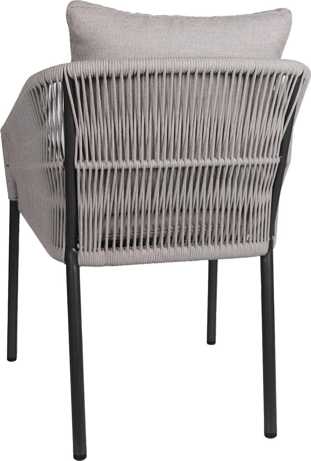 Rückansicht eines grauen Stapelsessels mit geflochtenem Design und schwarzem Metallgestell.
