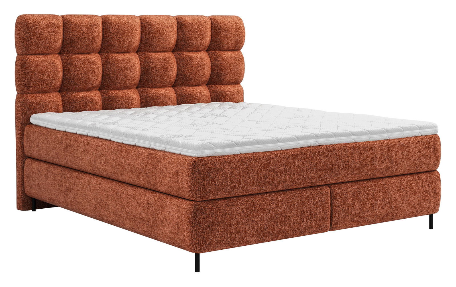 Boxspringbett in Rostrot mit gepolstertem Kopfteil, seitliche Perspektive