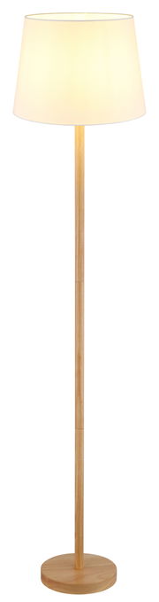 Stehleuchte mit Holzfuß und weißem Lampenschirm, frontal betrachtet
