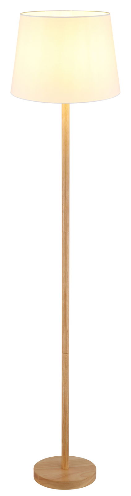 Stehleuchte mit Holzfuß und weißem Lampenschirm, frontal betrachtet