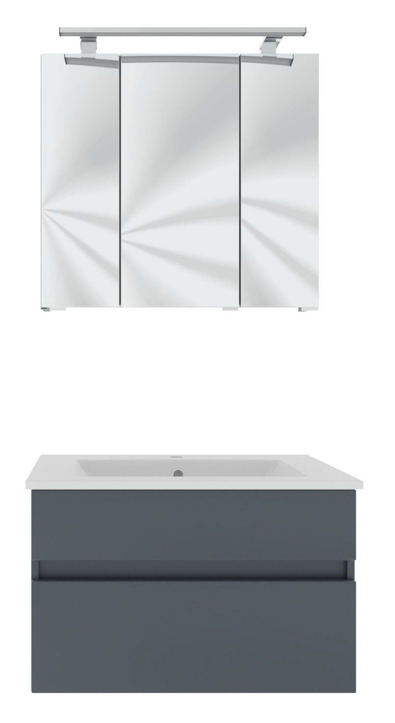 Moderner Badblock mit Spiegelschrank und Waschbeckenunterschrank, Frontalansicht