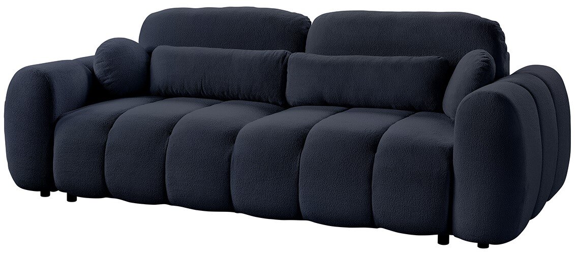 Schwarzes Funktionssofa mit runden Armlehnen und Kissen, seitliche Perspektive