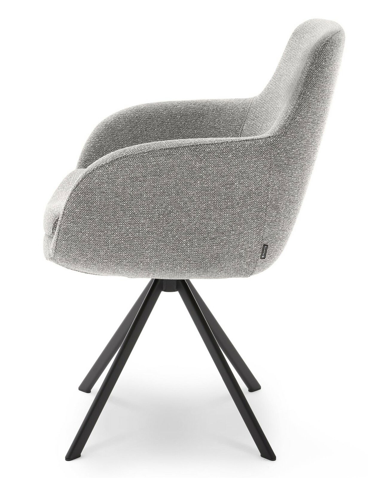 Grauer Armlehnstuhl mit schwarzem Metallgestell, Seitenansicht