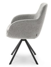 Grauer Armlehnstuhl mit schwarzem Metallgestell, Seitenansicht