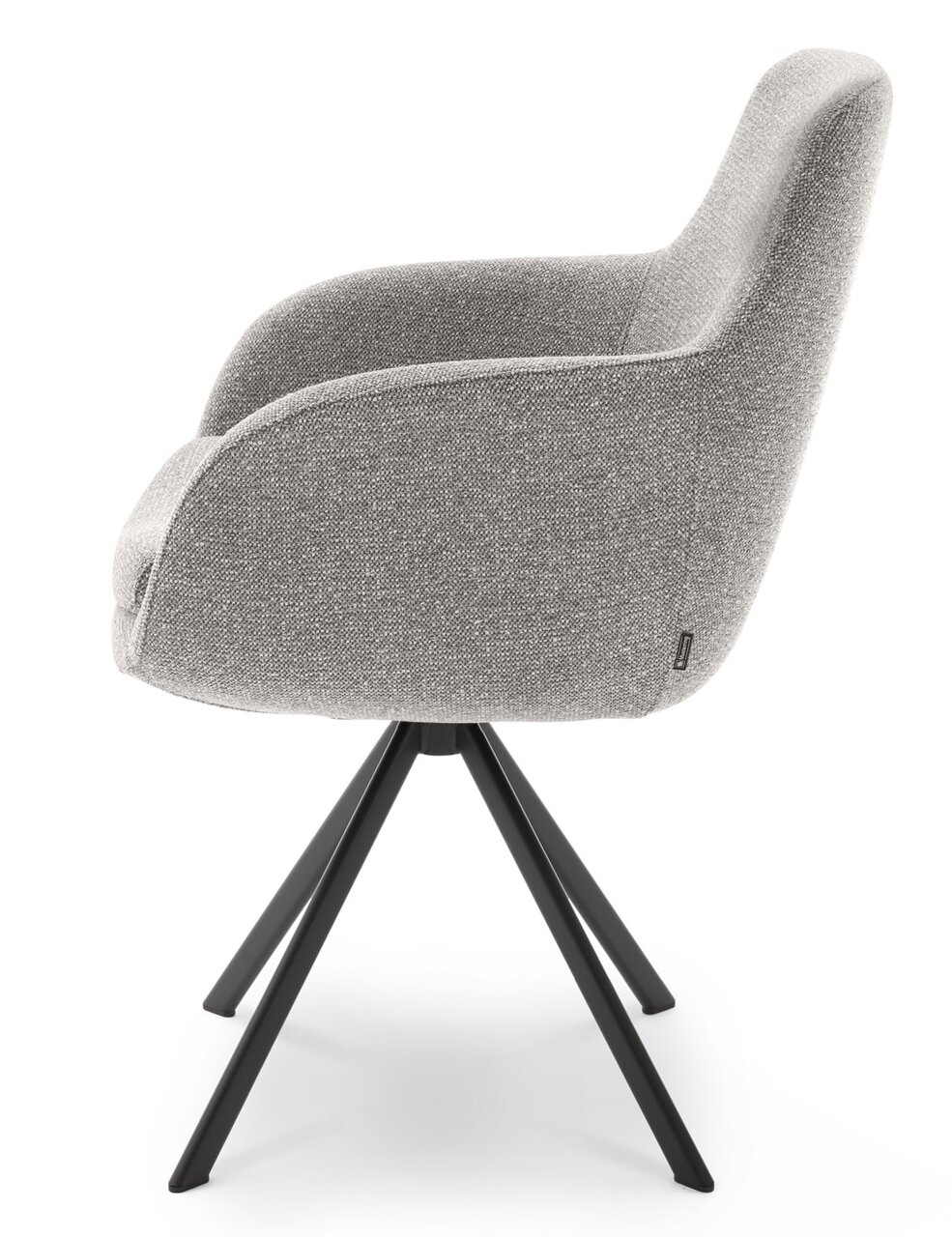Grijze fauteuil met zwart metalen frame, zijaanzicht