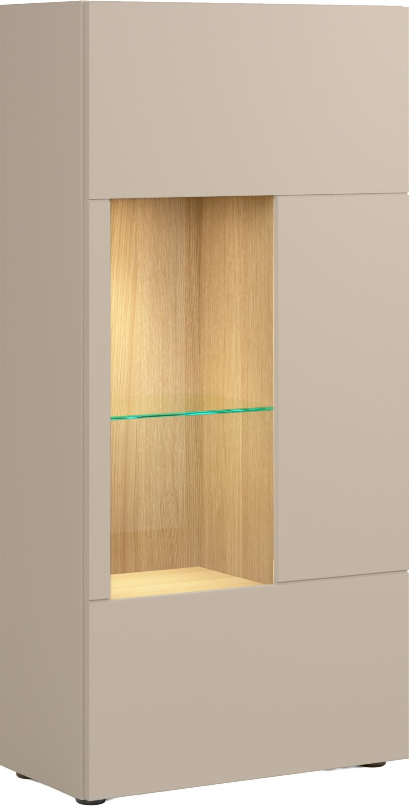 WK-Wohnen Vitrine VIVA Moderne Vitrine/Highboard in Beige mit offenem Holzfach und Glasboden, frontale Ansicht leicht von links