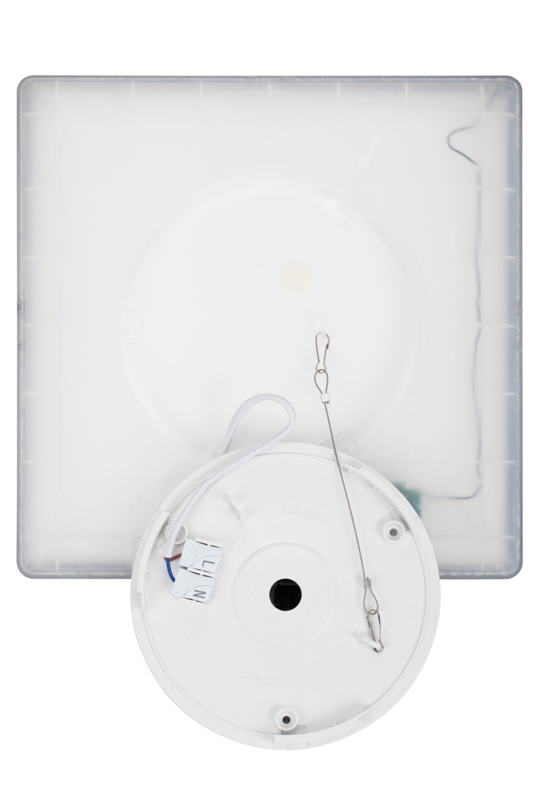 Rückansicht einer quadratischen LED-Deckenleuchte mit sichtbaren Kabelanschlüssen und Befestigungselementen.