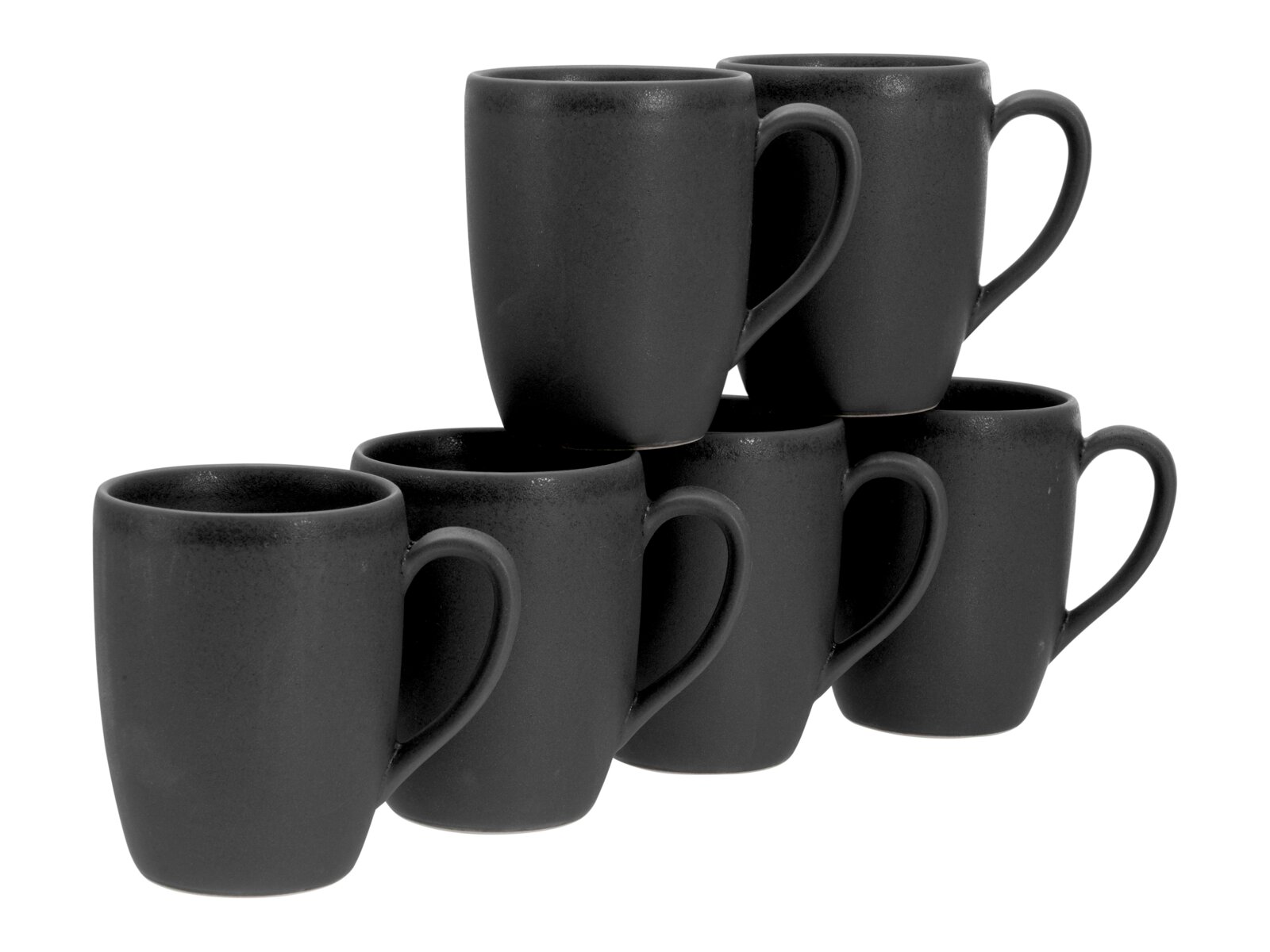 Creatable Kaffeebecher 6-tlg SOFT TOUCH Sechs matte schwarze Keramik-Kaffeebecher mit Henkel, gestapelt vor weißem Hintergrund, Frontansicht in leichter Schrägperspektive