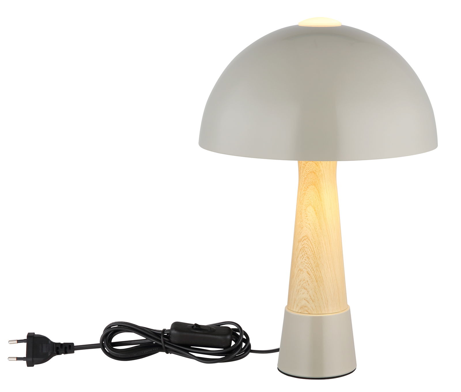 Moderne Tischleuchte mit grauem Schirm und Holzfuß, seitliche Perspektive