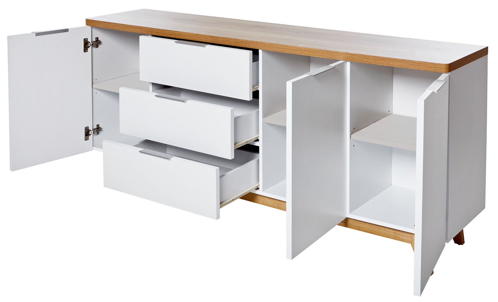 Weißes Sideboard mit Holzoberfläche, drei offenen Schubladen und zwei offenen Türen, Perspektive von vorne.