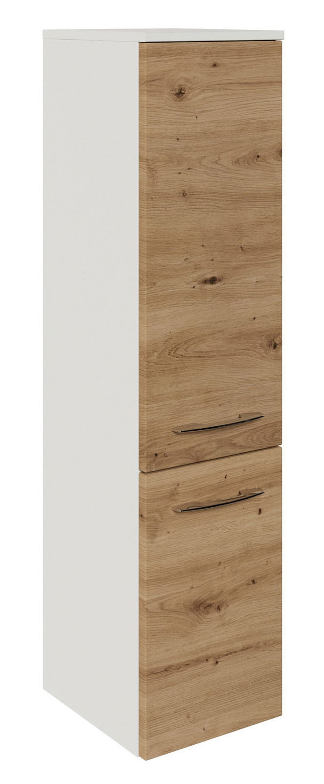 Midischrank mit Holzoptik, zwei Türen und seitlicher Perspektive