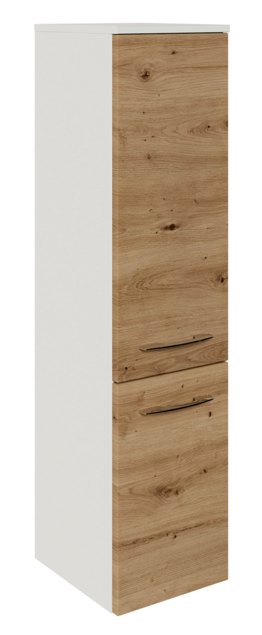 Midischrank mit Holzoptik, zwei Türen und seitlicher Perspektive