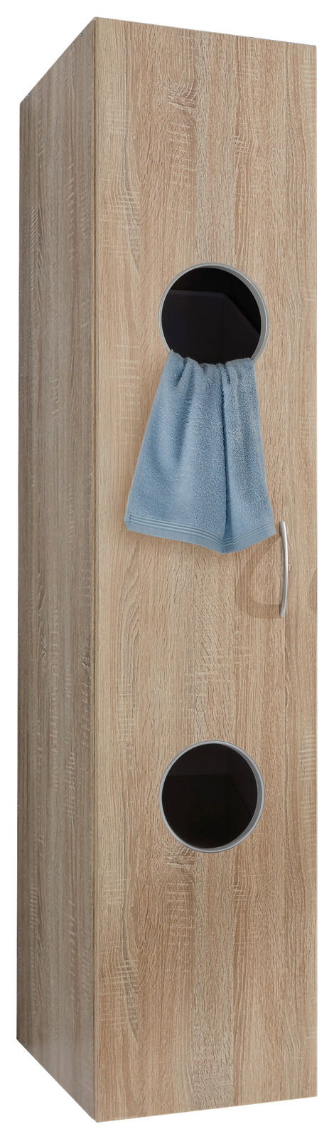 Moderner Wäscheschrank aus Holz mit zwei runden Öffnungen und einem blauen Handtuch, Frontalansicht.