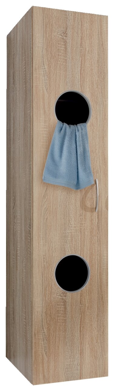Moderner Wäscheschrank aus Holz mit zwei runden Öffnungen und einem blauen Handtuch, Frontalansicht.