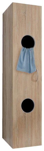 Moderne houten wasmand met twee ronde openingen en een blauwe handdoek, gezien van voren.
