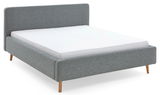 Graues Polsterbettgestell mit Holzfüßen, seitliche Perspektive