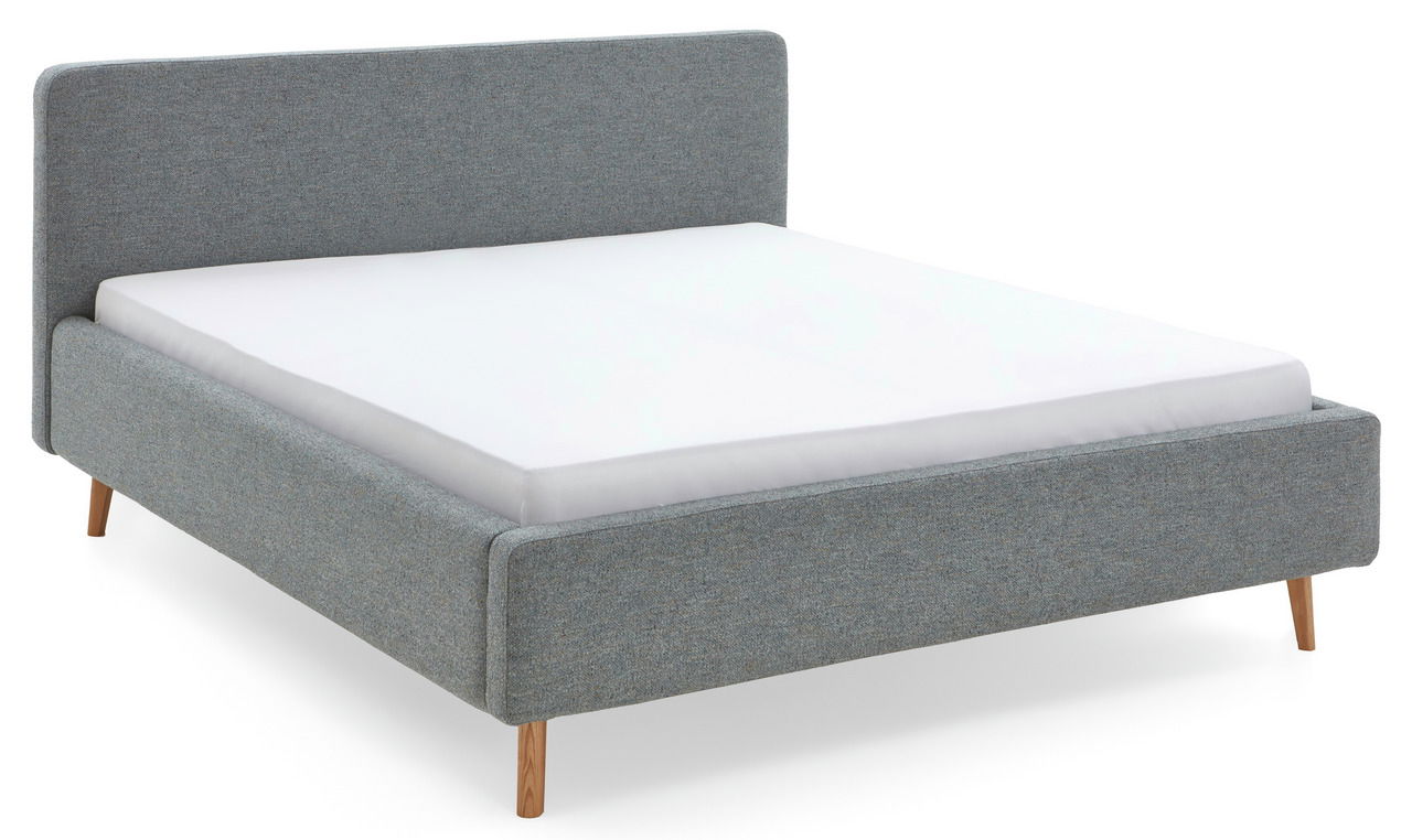 Graues Polsterbettgestell mit Holzfüßen, seitliche Perspektive