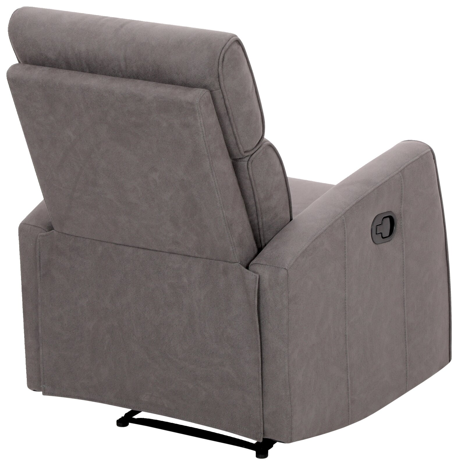 Achterkant van een grijze fauteuil met verstelbare rugleuning en een hendel aan de zijkant.