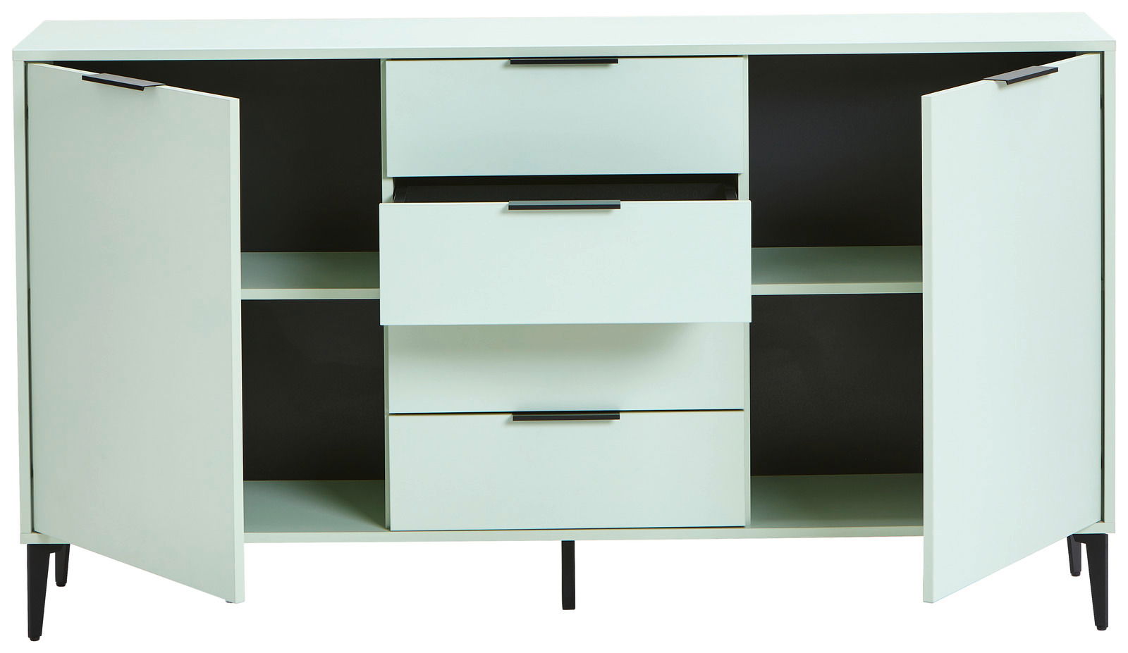 Modernes Sideboard mit zwei offenen Türen und drei Schubladen, frontal betrachtet.