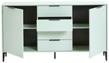 Modernes Sideboard mit zwei offenen Türen und drei Schubladen, frontal betrachtet.