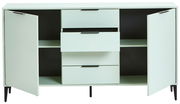 Modernes Sideboard mit zwei offenen Türen und drei Schubladen, frontal betrachtet.