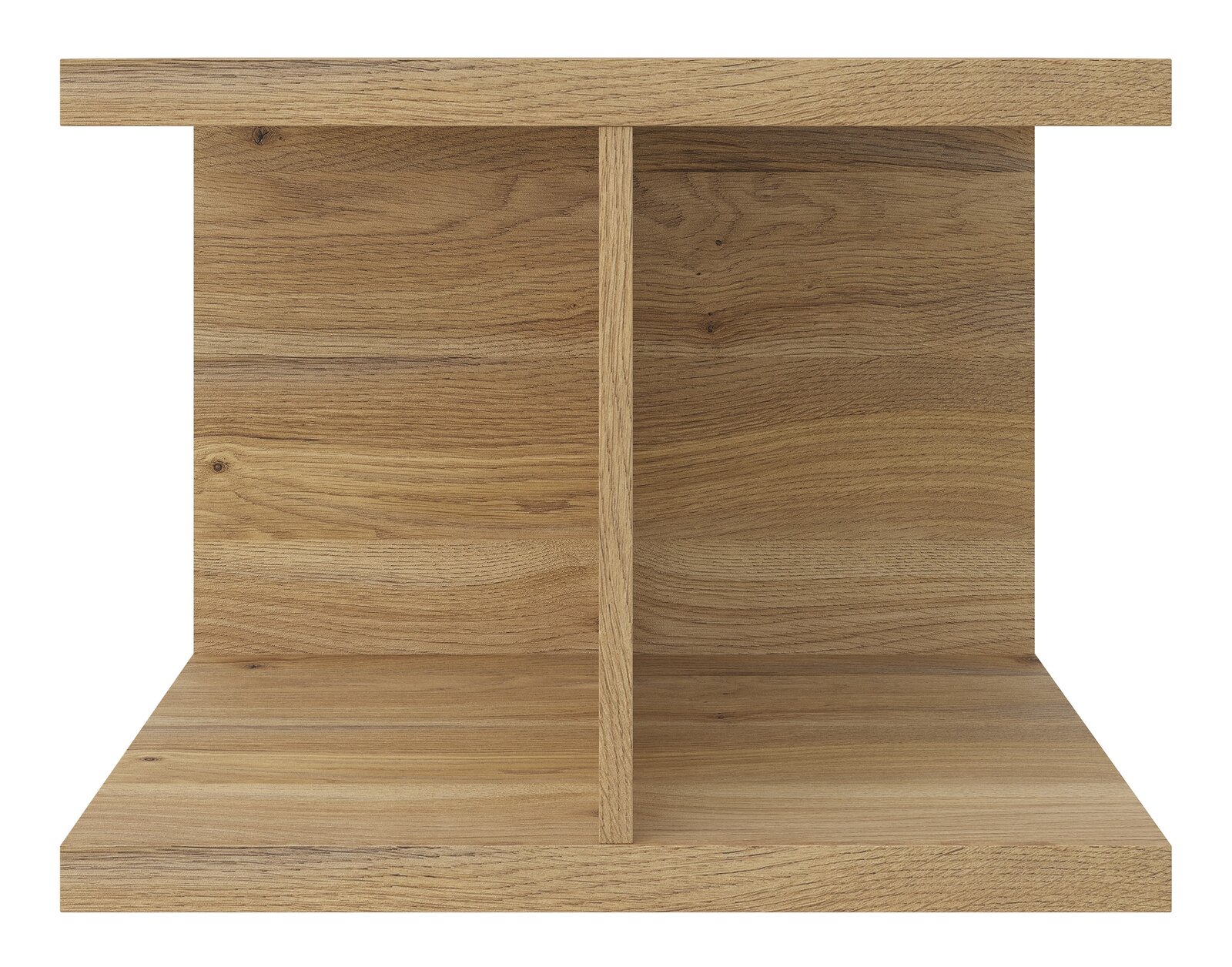 Frontale Ansicht eines schmalen Aufsatzregals aus Holz mit zwei Fächern.