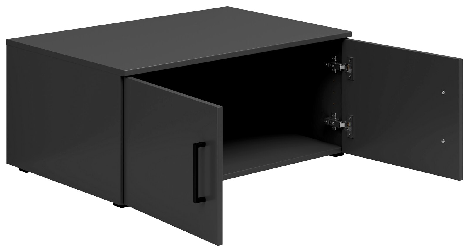 Schwarzer Aufsatzschrank mit zwei geöffneten Türen, seitliche Perspektive