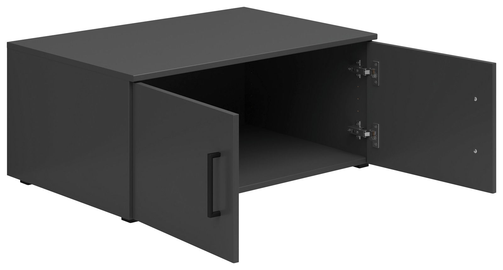 Schwarzer Aufsatzschrank mit zwei geöffneten Türen, seitliche Perspektive
