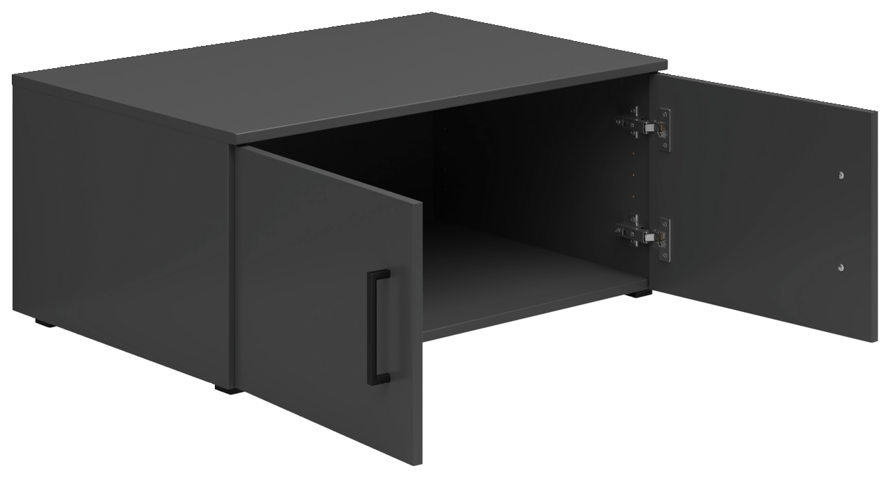 Schwarzer Aufsatzschrank mit zwei geöffneten Türen, seitliche Perspektive