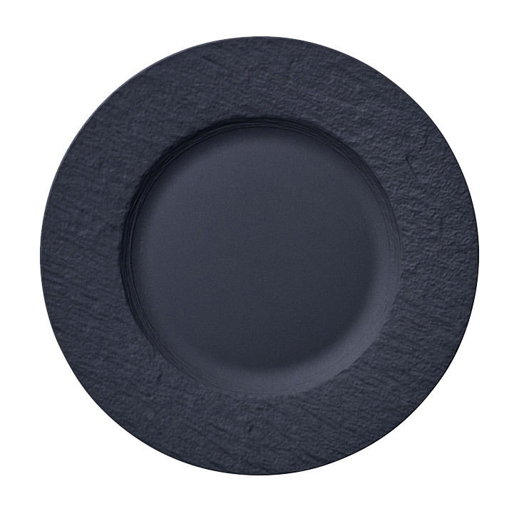 Schwarzer Frühstücksteller aus der Vogelperspektive, 22 cm Durchmesser, mit mattem Finish.