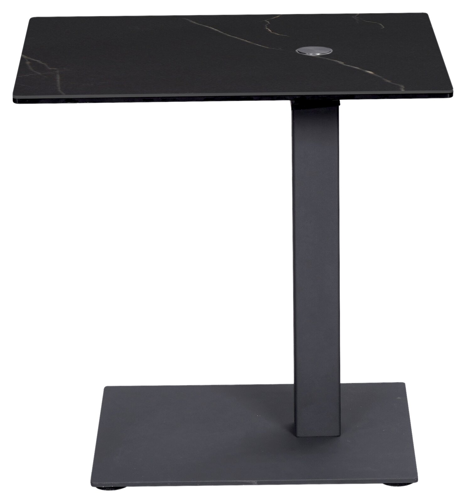 Moderner schwarzer Beistelltisch mit quadratischer Tischplatte und schlankem Metallgestell, Frontalansicht.