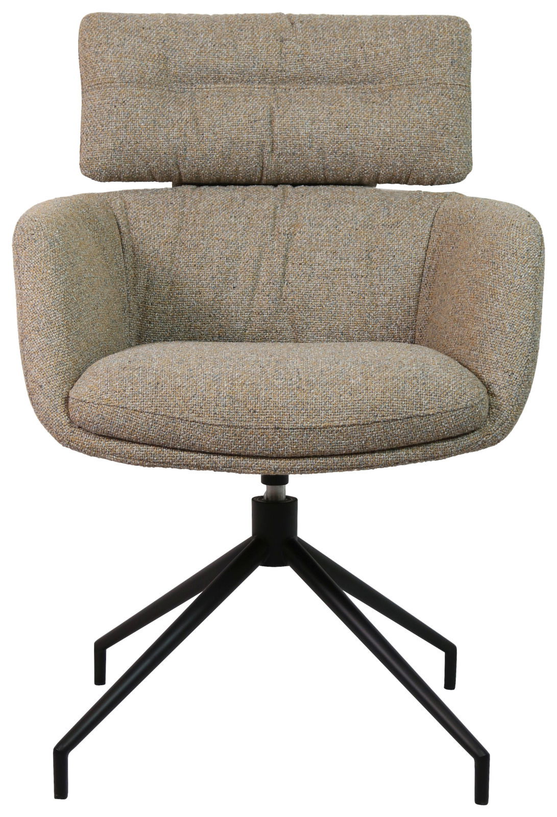 Moderner Armlehnstuhl mit gepolstertem Sitz und Rückenlehne, aus der Frontalperspektive, auf einem schwarzen Metallgestell mit vier Beinen.