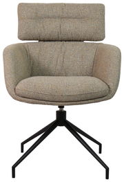 Moderner Armlehnstuhl mit gepolstertem Sitz und Rückenlehne, aus der Frontalperspektive, auf einem schwarzen Metallgestell mit vier Beinen.