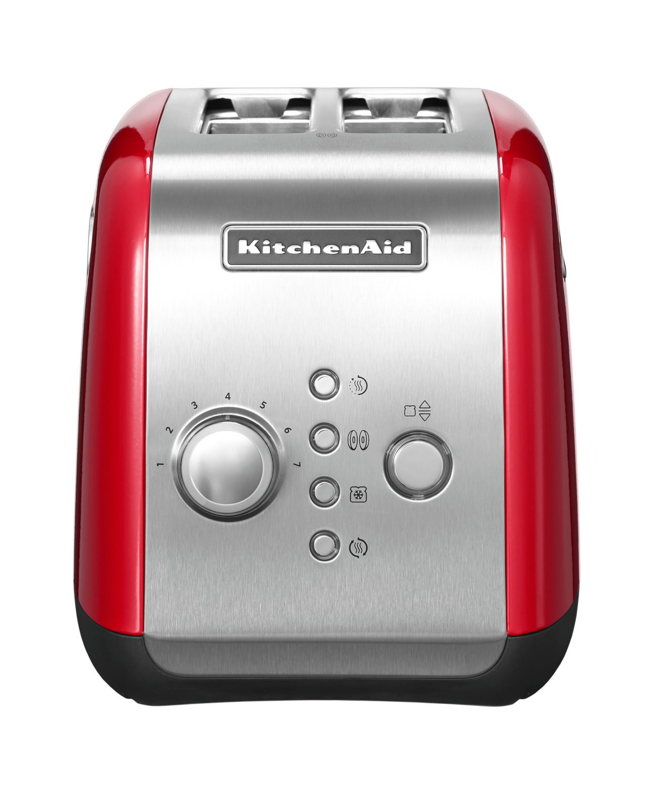 Roter KitchenAid 2-Scheiben-Toaster, Vorderansicht mit Bedienelementen und Edelstahloberfläche