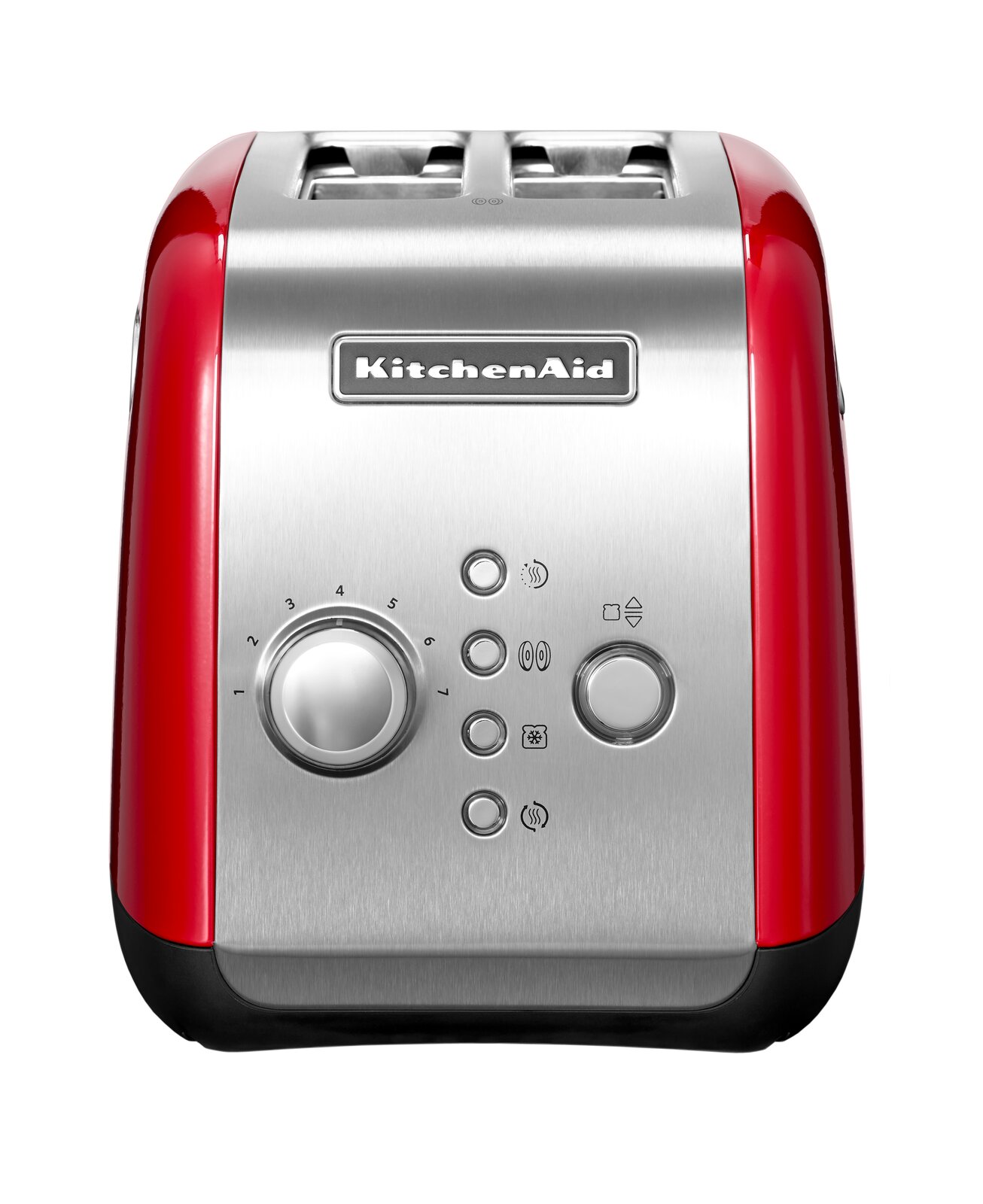 Roter KitchenAid 2-Scheiben-Toaster, Vorderansicht mit Bedienelementen und Edelstahloberfläche