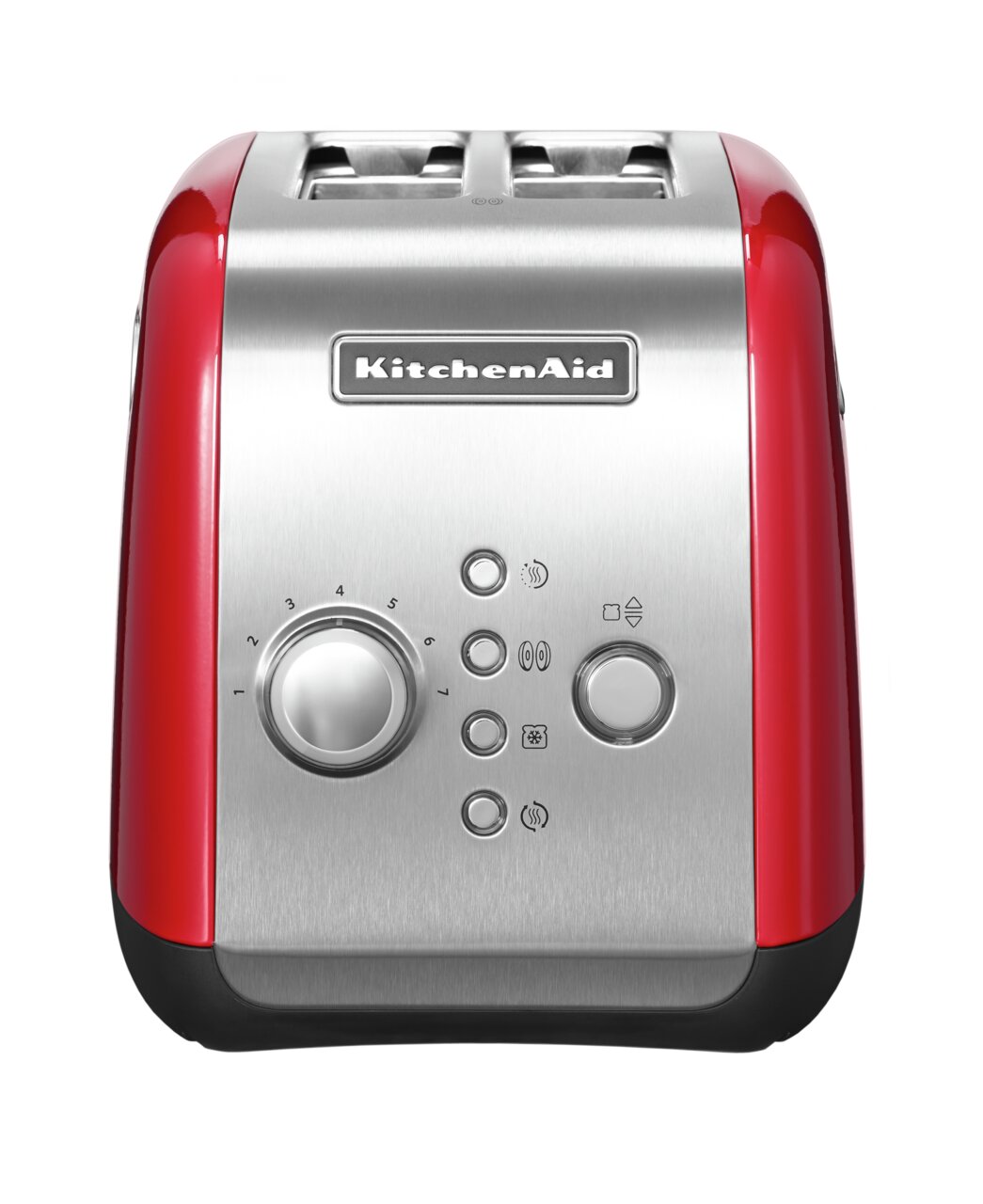 Rode KitchenAid-broodrooster met twee sleuven, vooraanzicht met bedieningsknoppen en roestvrijstalen oppervlak