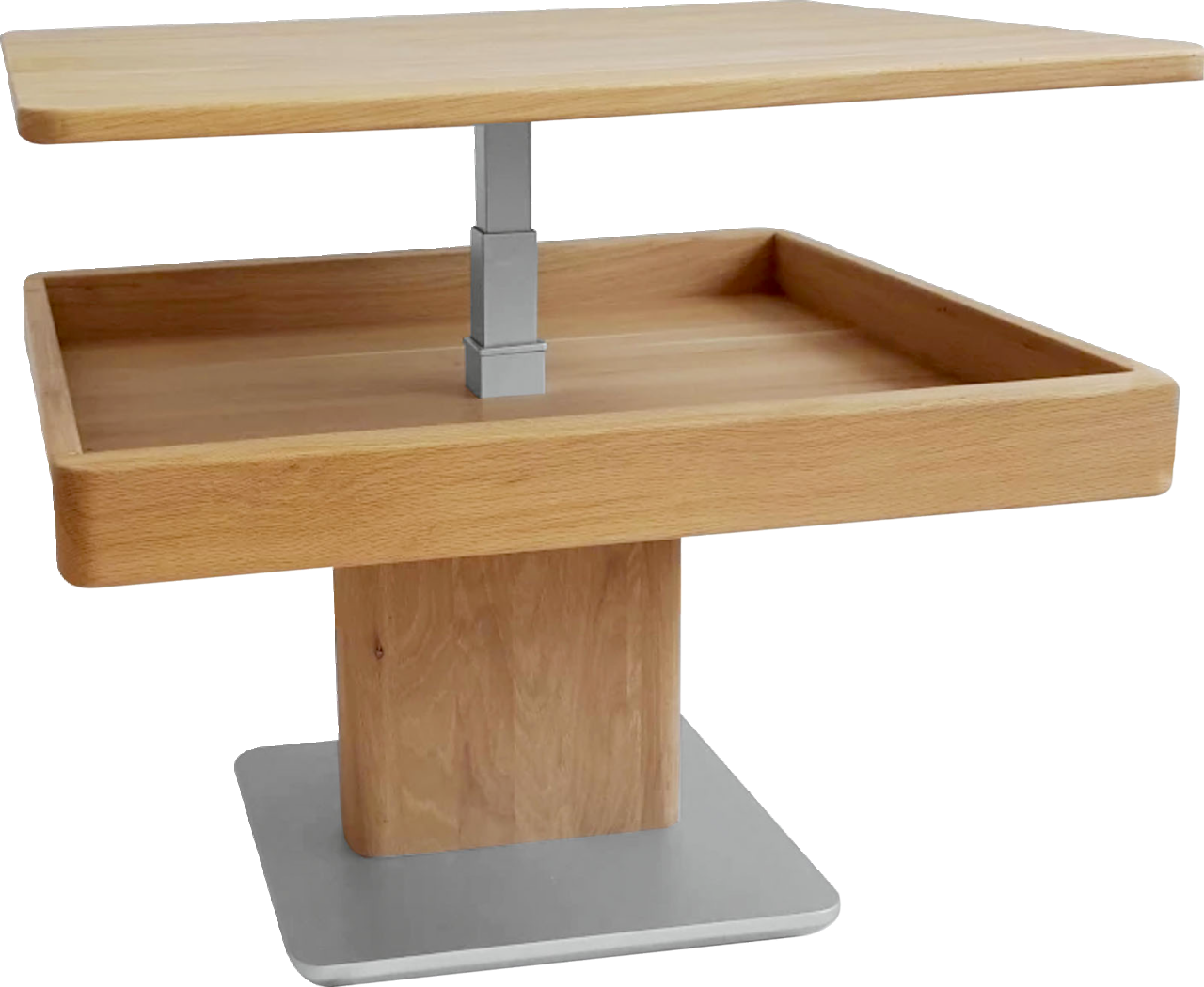 Moderner Couchtisch aus Holz mit verstellbarer Tischplatte, seitliche Perspektive