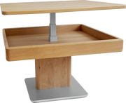 Moderner Couchtisch aus Holz mit verstellbarer Tischplatte, seitliche Perspektive