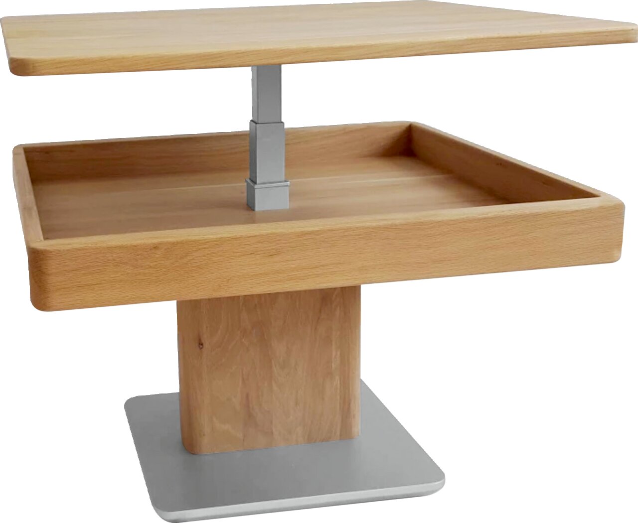 Moderner Couchtisch aus Holz mit verstellbarer Tischplatte, seitliche Perspektive