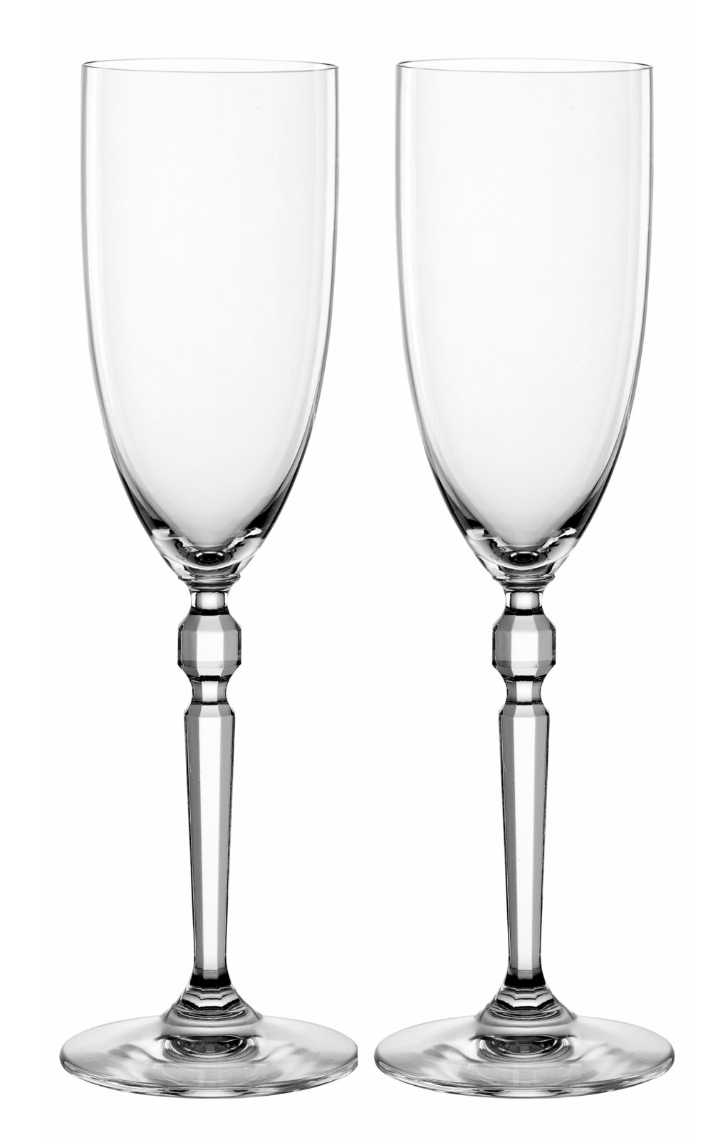 Nachtmann Sektkelch 2er-Set HERITAGE Zwei transparente Sekt- bzw. Champagnergläser aus Glas mit langem Stiel und facettiertem Detail, freigestellt auf weißem Hintergrund, Frontansicht