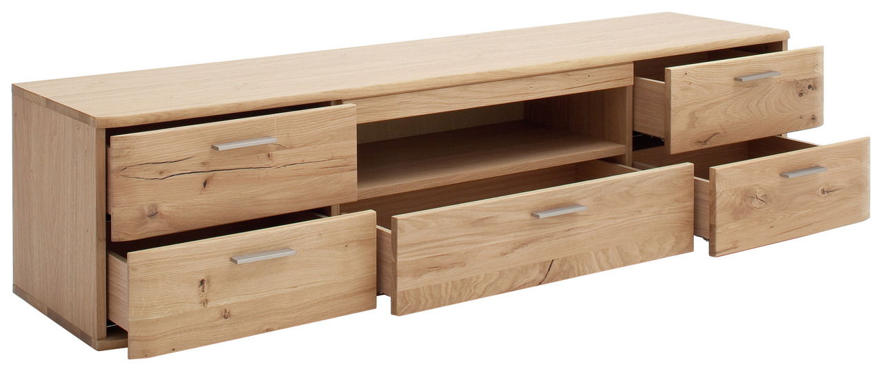 TV-Lowboard aus Holz mit vier offenen Schubladen, seitliche Perspektive