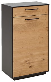 Schmale Schuhkommode aus Holz mit schwarzem Rahmen, frontal fotografiert.