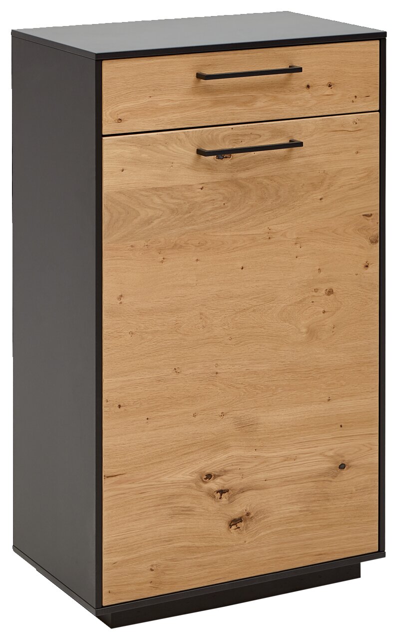 Schmale Schuhkommode aus Holz mit schwarzem Rahmen, frontal fotografiert.