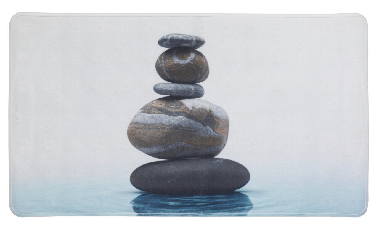Vogelperspektive auf eine Wanneneinlage mit einem Zen-Steine-Motiv, das auf Wasser balanciert.