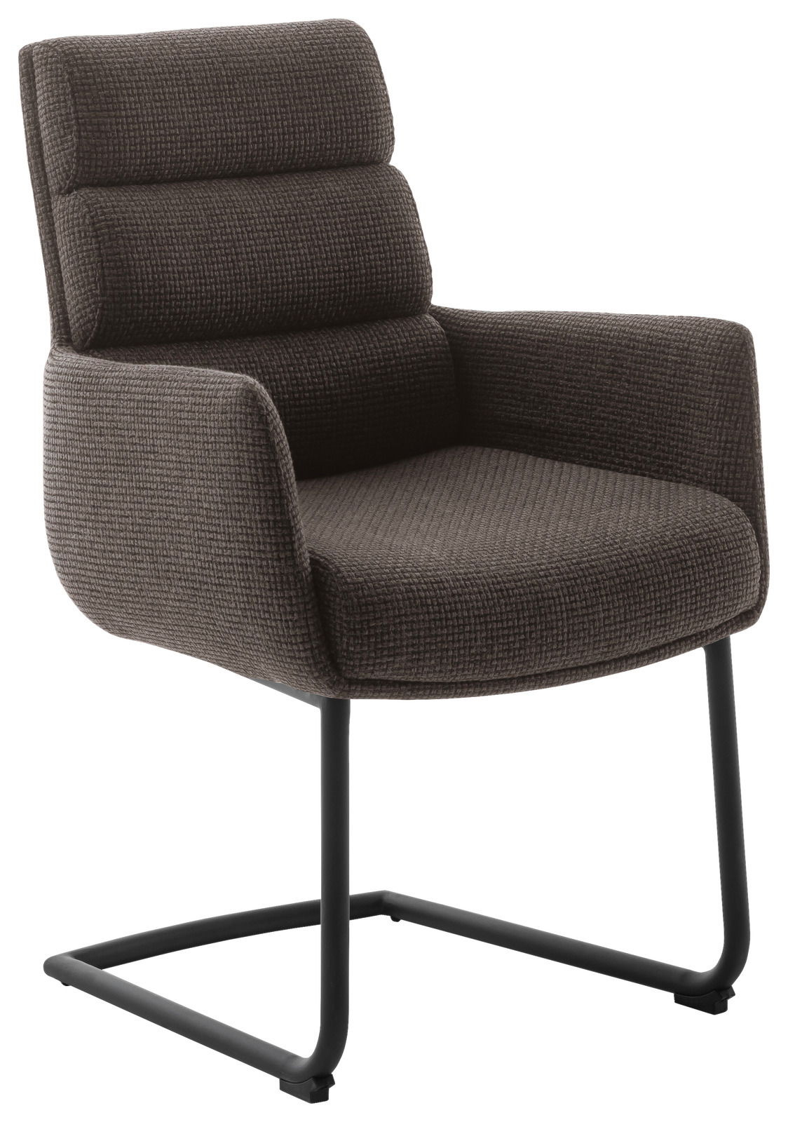 Moderner Freischwinger-Sessel in dunklem Stoffbezug mit schwarzem Metallgestell, seitliche Perspektive.