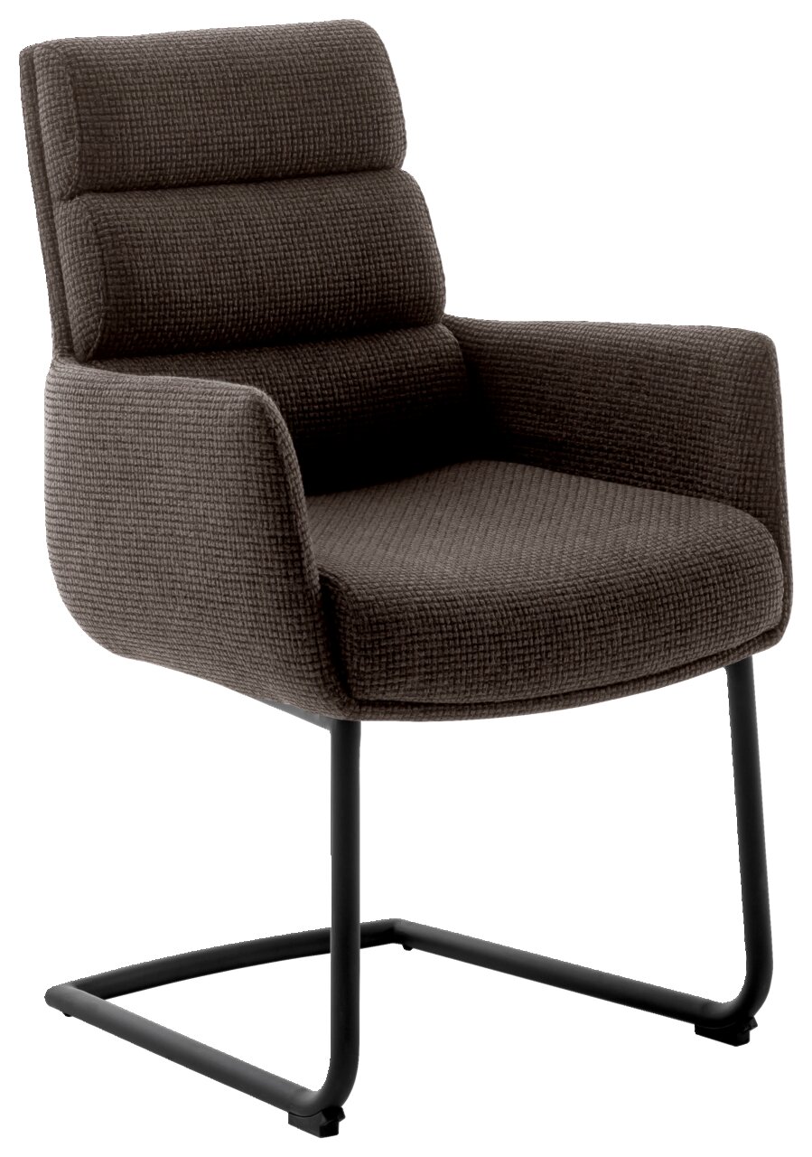 Moderner Freischwinger-Sessel in dunklem Stoffbezug mit schwarzem Metallgestell, seitliche Perspektive.