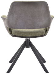 Rückansicht eines modernen Sessels mit grauem Stoffbezug und schwarzem Metallgestell.